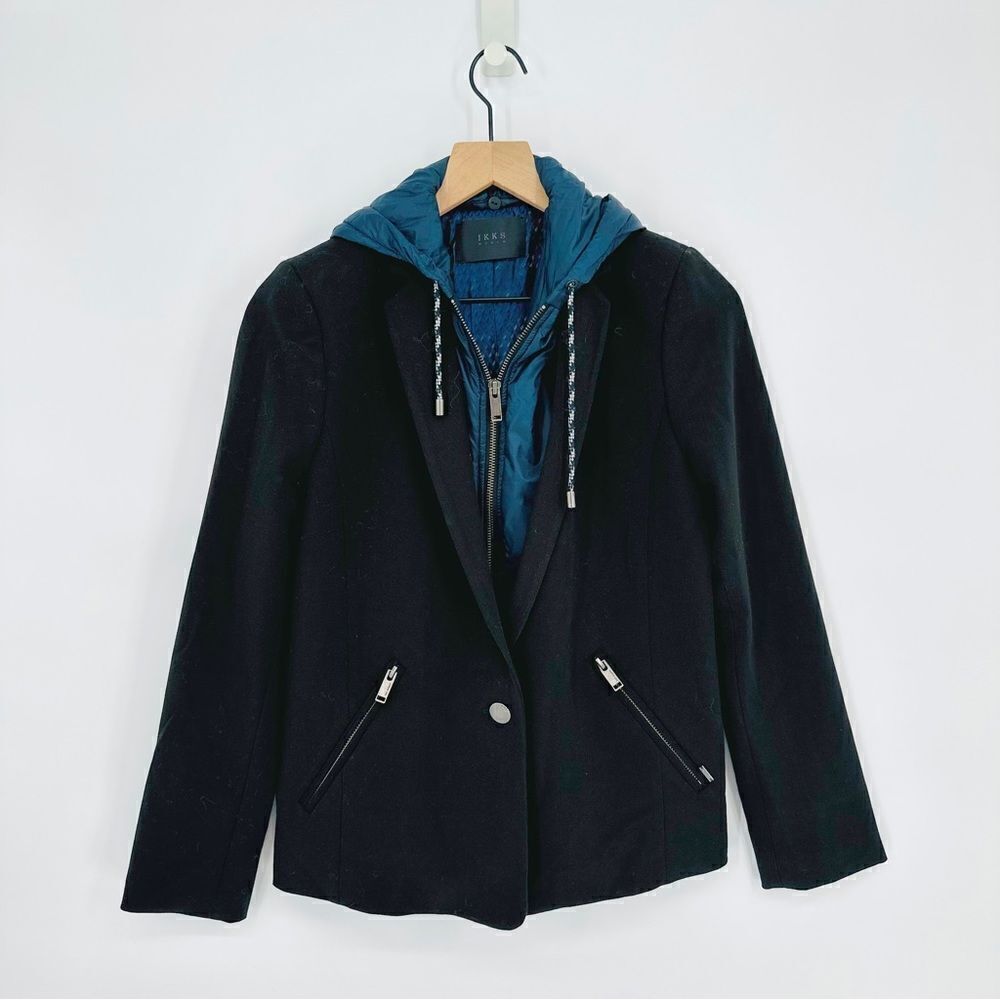 IKKS One Button Blazer With Full Zip Hood Black Navy Blue Women's 36 Small